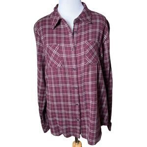 Women's PrAna Button Up Shirt Sz L Burgundy‎ Plaid Lightweight Pockets